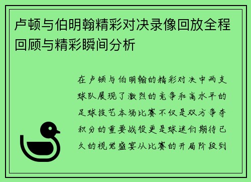 卢顿与伯明翰精彩对决录像回放全程回顾与精彩瞬间分析