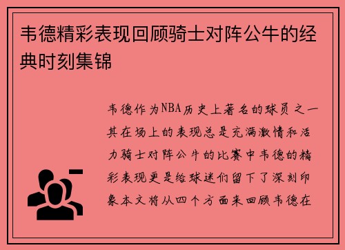 韦德精彩表现回顾骑士对阵公牛的经典时刻集锦
